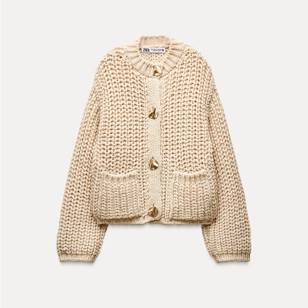 Zara Chunky Cream Knit Sweater Gold Buttons